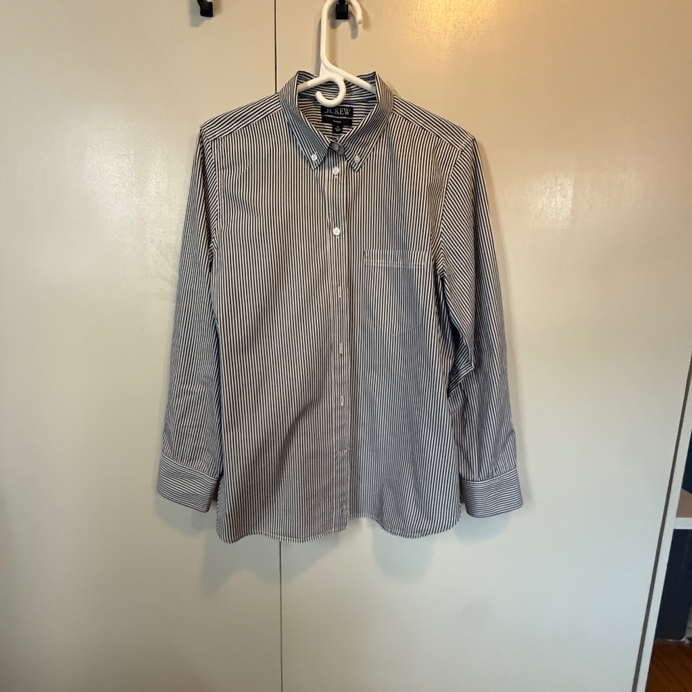 J Crew Classic Button Down Black and White Stripe Size 14 100% Cotton